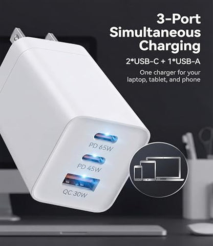 65W USB C Laptop Charger, 3-Port PD Wall Charger Block with 3 Cables (2x1.2m+1x0.6m), Foldable Travel Adapter for Phone, Tablet, Compatible with MacBook - Blue