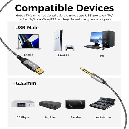 USB to 6.35mm TRS Stereo Audio Cable 10 FT, USB-A to 1/4" Audio Adapter Aux Jack Stereo Cord, Gold-Plated Connector, Nylon Braided Jacket, DAC Chip, for Laptop, Amplifier, Mixer, Home Theater, Speaker - size: 10FT