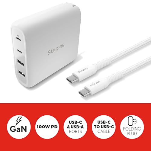 Staples TECH GaN 100W USB‑C & USB‑A Wall Charger – Fast PD Charging, Dual‑Port Power Adapter with Cable, Compact GaN Charger for MacBook, iPhone, Samsung & USB‑C Laptops - style: 100 Watt