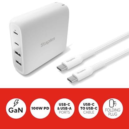 Staples TECH GaN 100W USB‑C & USB‑A Wall Charger – Fast PD Charging, Dual‑Port Power Adapter with Cable, Compact GaN Charger for MacBook, iPhone, Samsung & USB‑C Laptops - style: 100 Watt