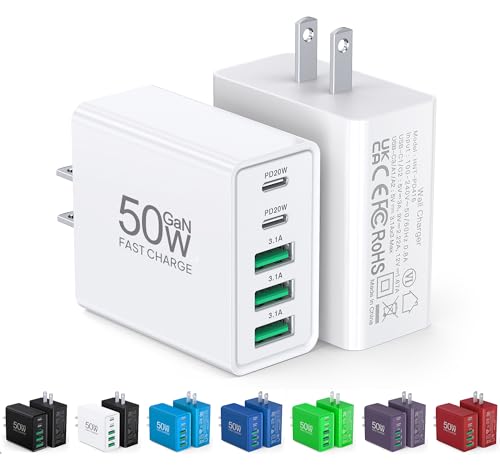 [2-Pack] USB C Wall Charger,50W 5-Port PD Fast USB C Charging Block,2USB C+3USB A Multiport Plug,Type C Power Adapter Brick Cube for iPhone 17/16/15/14/13/12/Pro Max/XS,iPad,for Switch,Samsung,Ultra 2 - color: White