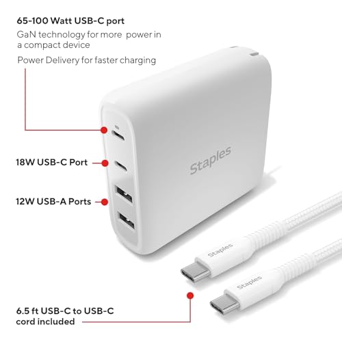 Staples TECH GaN 100W USB‑C & USB‑A Wall Charger – Fast PD Charging, Dual‑Port Power Adapter with Cable, Compact GaN Charger for MacBook, iPhone, Samsung & USB‑C Laptops - style: 100 Watt