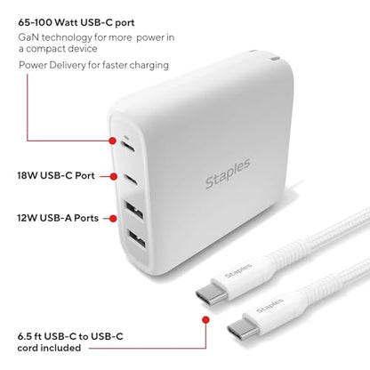 Staples TECH GaN 100W USB‑C & USB‑A Wall Charger – Fast PD Charging, Dual‑Port Power Adapter with Cable, Compact GaN Charger for MacBook, iPhone, Samsung & USB‑C Laptops - style: 100 Watt