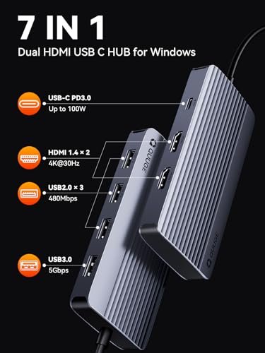 QUUGE Dual Monitor Docking Station, 7 in 1 USB C Hub, 100W for Windows PC | 2 HDMI 4K output, 100W PD input, 5Gbps data transfer, Windows laptop setup, desktop workspace, for travel and hybrid work