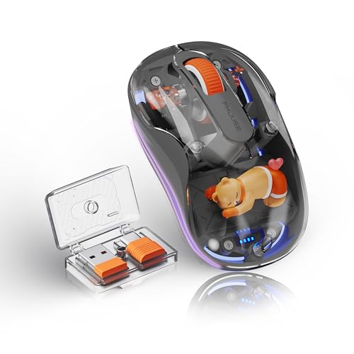 FMOUSE Cute Transparent Mouse, Tri-Mode Wireless, Rechargeable, Grey | USB-A & USB-C Receivers | 2.4G & Dual Bluetooth | Bear Figurine | Silent Click | RGB | For MAC, iPad, Laptop - color: Grey