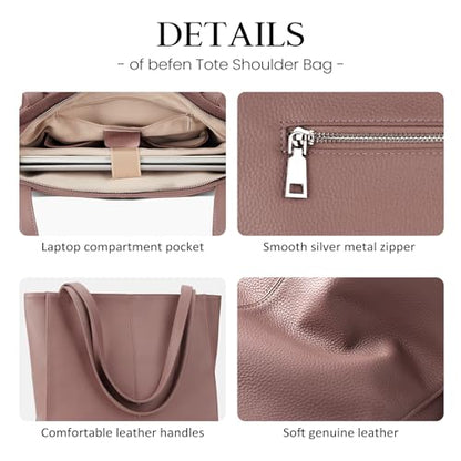 befen Genuine Leather Tote Bag for Women Work Travel Leather Purse Handbags | Real Leather, Padded 14" Laptop Compartment, Multi-Pockets, Zipper, Tote Bag for Daily - color: Pink