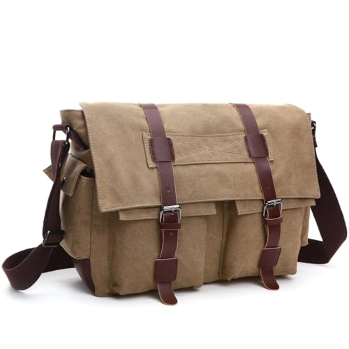 Vintage Canvas Messenger Bag, 15.6 Inch Laptop Crossbody Satchel with Multi-Pocket and Adjustable Shoulder Strap - color: Khaki