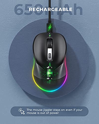 PEIOUS Wireless Mouse, Jiggler Mouse for Laptop - LED Mouse Rechargeable Computer Mice Mouse Mover Undetectable Random Movement with On/Off Button Keeps Computer Awake - Black&Grey | 2-in-1 rechargeable LED mouse with jiggler mode, random movement, On/Off