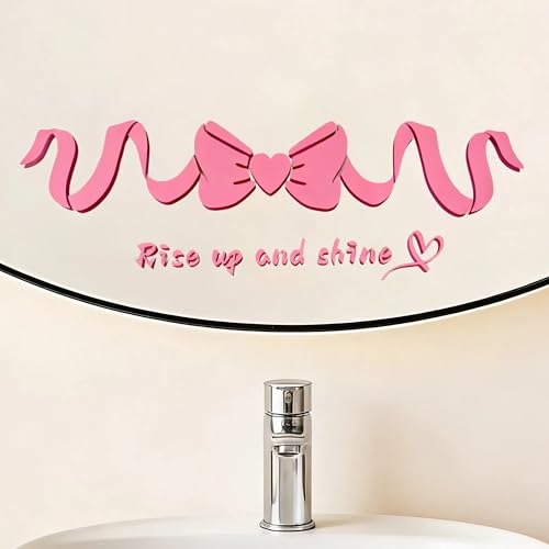 4 PCS Pink Bow Affirmation Bathroom Mirror Decal for Girls, Cute Removable Bathroom & Vanity Mirror Sticker, Girly Pink Bathroom Decor Accessories, “Rise Up and Shine” - size: small