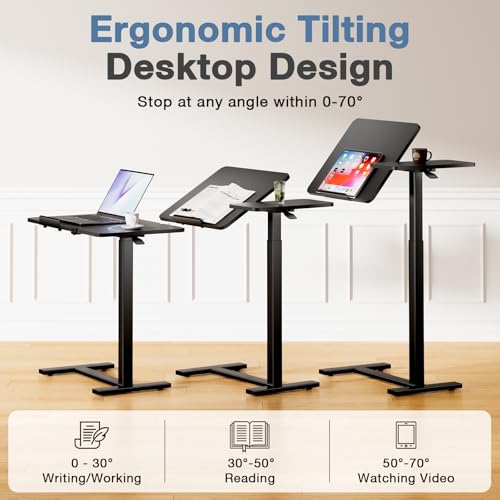 DUMOS Adjustable Bedside Overbed Table with Wheels, Black | Laptop Standing Desk with Tilting Top Height, Mobile Rolling Computer Cart for Hospital Home Bedroom Use - color: Black, size: 27.5" x 15.7" x 43.3"