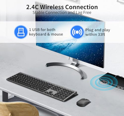Full Size Slim Computer Keyboard and Mouse Wireless with 2.4Ghz Dongle | Silent Flat Keyboard and Optical Mouse, Sleek Design, Quiet Click, Invisible Light Design, for Laptop PC Desktop Windows Mac - color: KM480-Gray&Black