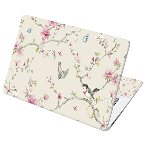 Universal Laptop Skin Sticker with 2 Wrist Pad Decals, 3-Piece Removable Vinyl Laptop Cover, Birds Pink Flowers Waterproof Anti-Scratch, Easy-Trim Fit for 13.3" 14" 15.6" Laptops - color: Birds Pink Flowers
