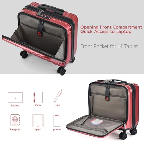 TydeCkare 16" Carry on Luggage with 2 Laptop Compartments, Lightweight Hardshell ABS+PC Suitcase with Dual Control TSA Lock, with YKK Zipper, 4 Spinner Silent Wheels, for Business Travel, Wine Red - color: Wine Red
