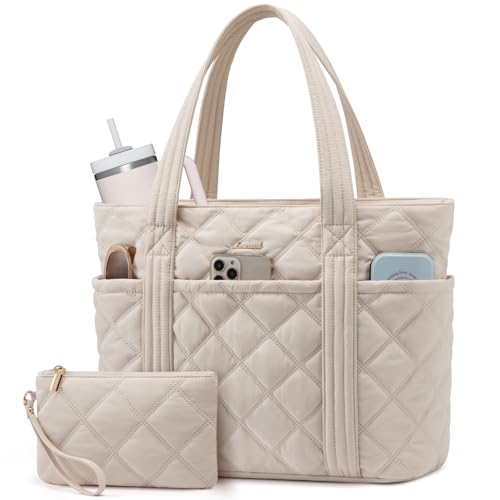 LOVEVOOK Puffer Tote Bag for Women, Puffy Work Handbag with Cup Holder, Travel Carry On Bag with Zipper for Teacher Nurse Gym - color: Almond Milk, size: 17 Inch-35L