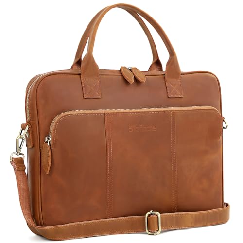 Blofinche Genuine Leather laptop briefcase 15.6 inch Computer Messenger shouledr work handbag Satchel bags - color: Dark Brown
