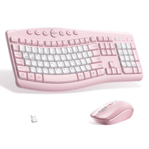 Wireless Keyboard and Mouse Combo Silent Ergonomic Curved Design for Office | 2.4G Full Size Cordless Keyboard with Tilt Legs,3-Level DPI Quite Mouse for Windows,Mac OS/Desktop/Laptop/PC - color: Light pink-B