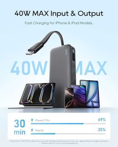 CUKTECH 20,000mAh Power Bank with Built-in USB-C Cable, 40W PD Fast Charging Portable Charger, 3-Port Battery Pack for iPhone 17/16, Samsung S26/S25, iPad Pro, MacBook Air, Travel Essentials - color: Grey