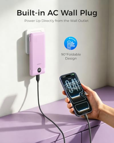 VEGER Portable Charger with Built-in AC Plug and Cables, All in One 10000mAh Ultra Slim Power Bank Travel Essentials, USB C External Battery Pack Compatible with iPhone, Samsung, More, Purple - color: E Purple