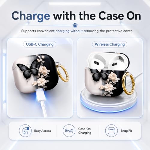 Compatible with AirPod 4 Case 2024, Cute Hard Plastic Protective Cover for Airpod 4th Generation Women, Shockproof Shell Skin with Gold Ring Keychain,Black Butterfly White Flowers Gray Leaf - color: Black Butterfly White Flowers Gray Leaf