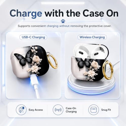 Compatible with AirPod 4 Case 2024, Cute Hard Plastic Protective Cover for Airpod 4th Generation Women, Shockproof Shell Skin with Gold Ring Keychain,Black Butterfly White Flowers Gray Leaf - color: Black Butterfly White Flowers Gray Leaf
