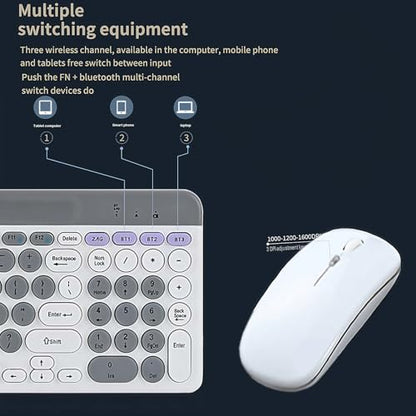 Wireless Keyboard and Mouse Combo with Phone Tablet Holder, Rechargeable Dual-Mode (Bluetooth 5.0 and 3.0 +2.4G) Multi-Device Silent Mouse for Windows, iPad, Tablet, MacOS,iOS,Android (Grey+White) - color: Grey+White