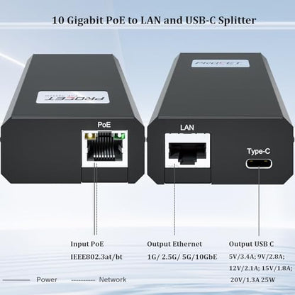 PROCET 10G PoE Splitter, 10 Gigabit PoE to USB C PD & RJ45 Ethernet Connectivity Adapter for eero 6/7, Wireless AP, Tablet, iPad, Google TV, USB C Hub, KVM Switch, Smart Home Hub - color: 25W 10G