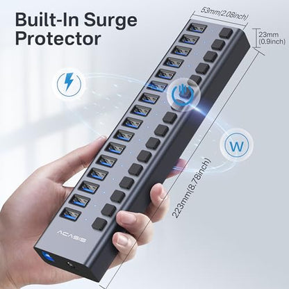 ACASIS Powered 16 Ports USB 3.2 Hub, 10Gbps Data Transfer, 96W Adapter | Individual On/Off Switch for Each Port • Aluminum Housing • Better Heat Dissipation • Plug & Play - size: 16 ports