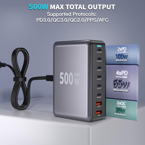 500W GaN USB C Charger Block Charging Station 8 Port Fast Charger Block with Dual 100W PD USB-C Fast Charging Station Hub Compatible with iPhone 17/16 15/14/13/Pro Max/MacBook Pro/Air/All iPad (Black) - color: Black-B