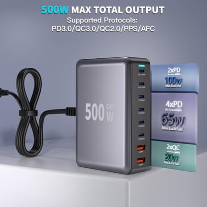 500W GaN USB C Charger Block Charging Station 8 Port Fast Charger Block with Dual 100W PD USB-C Fast Charging Station Hub Compatible with iPhone 17/16 15/14/13/Pro Max/MacBook Pro/Air/All iPad (Black) - color: Black-B