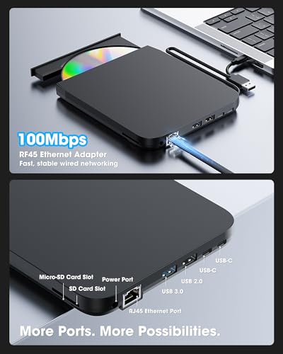 ROOFULL External CD DVD Drive with Ethernet Adapter, USB Hub, SD Slot, Case | 9 in 1 New USB 3.0 & USB-C Portable CD/DVD Optical Disc Drive Burner Reader Writer Player for Windows 11/10, Mac, Linux PC - style: 9 In 1 Drive + Carrying Case