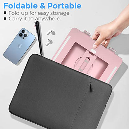 Swivel Laptop Stand for Desk, Adjustable Height Aluminum Computer Stand with 360 Rotating Base, Foldable Ergonomic Riser, Portable Laptop Holder Compatible with MacBook, All Laptops 10-17'', Pink - color: Pink