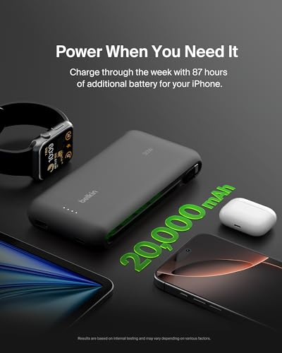 Belkin 20000mAh 30W USB C Power Bank, Portable Charger for iPhone & iPad | Fast Charging, Integrated USB C Cable, Eatra USB C Port, iPhone 17, iPad, Samsung Galaxy S26, Charge 2 Devices - color: Black, style: 20K mAh