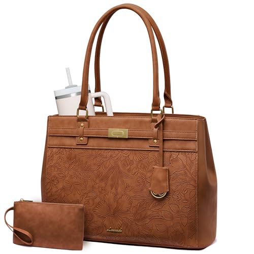 LOVEVOOK Laptop Tote Bag for Women, 17.3 Inch Waterproof Leather Work Computer Bag, Large Business Office Briefcase Shoulder Handbag Purse Gifts for Women - color: Brown-flower-, size: Large