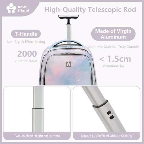 NEW TILAMI 20 Inch Rolling Backpack for School Stair-Climbing Big Wheel | Teen Boys Girls Carry-on Suitcase Large Organizer Compartment 15.6 Laptop Sleeve Adjustable Handle Roller Travel Bag College - color: Pink Blue