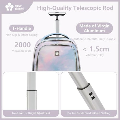 NEW TILAMI 20 Inch Rolling Backpack for School Stair-Climbing Big Wheel | Teen Boys Girls Carry-on Suitcase Large Organizer Compartment 15.6 Laptop Sleeve Adjustable Handle Roller Travel Bag College - color: Pink Blue