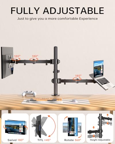 Dual Monitor and Laptop Stand for 13-32 Inch Screens & 11-17 Inch Laptop, Full Motion Dual Monitor Arm Desk Mount with Removable Laptop Tray, Supports Up to 18 lbs/Arm, C-Clamp, VESA 75x75/100x100mm - size: Laptop & Monitor Stand