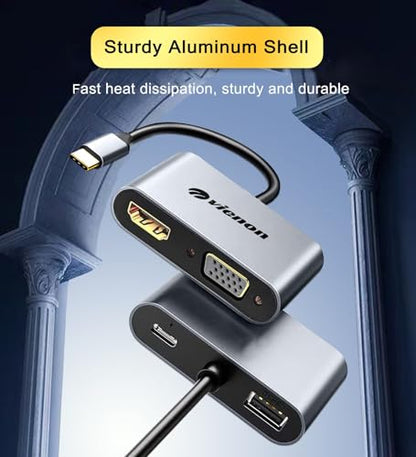 USB C to HDMI VGA Adapter for Dual Monitor, 4 in 1 USB C Hub with 4K HDMI, 1080P VGA, USB 3.0 5Gbps, 100W PD Compatible for MacBook Air/Pro, Dell XPS, Surface, iMac More - style: 4-in-1