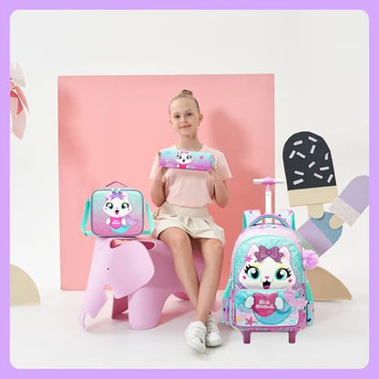 Meetbelify Cute Cat Rolling Backpack with Wheels for Elementary Preschool Students Kids Travel Luggage Carry on Backpack for Girls Ages 6-8 - color: 01 Mermaid Cat