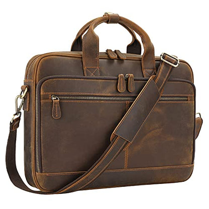 Jack&Chris Full Grain Leather Briefcase for Men, Business Messenger Bag Laptop Bag Attache Case, Fits 15.6 Inch Laptop - color: Brown-15.6inch