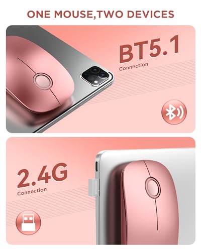 RAPIQUE Bluetooth Wireless Mouse, BT5.1+2.4G Slim Dual Mode, Rose Gold | Quiet clicks, Low Power, 1600 DPI, USB-A Receiver, Portable design, Works with MacBook, Laptop, iPad Pro/Air and Tablet - color: Rose Gold