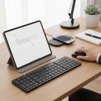 Foldable Keyboard and Mouse Combo, BT5.1 Full Size with Number Pad, 81 Keys, USB C Rechargeable, Scissor Switch, for Smartphone Laptop Tablet