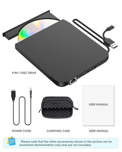 ROOFULL External CD DVD Drive with Ethernet Adapter, USB Hub, SD Slot, Case | 9 in 1 New USB 3.0 & USB-C Portable CD/DVD Optical Disc Drive Burner Reader Writer Player for Windows 11/10, Mac, Linux PC - style: 9 In 1 Drive + Carrying Case