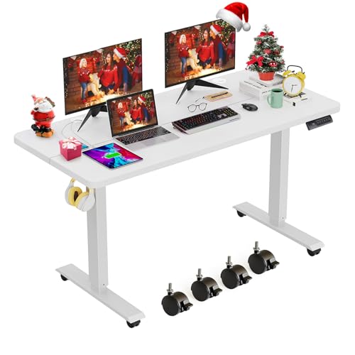 farexon Electric Standing Desk Adjustable Height, 48x24 Inches Stand Up Desk with 4 Preset Heights, Lockable Casters, Double Hooks,27''-46'' Lifting Range Home Office Computer Desk（White） - color: White, size: 48 x 24''