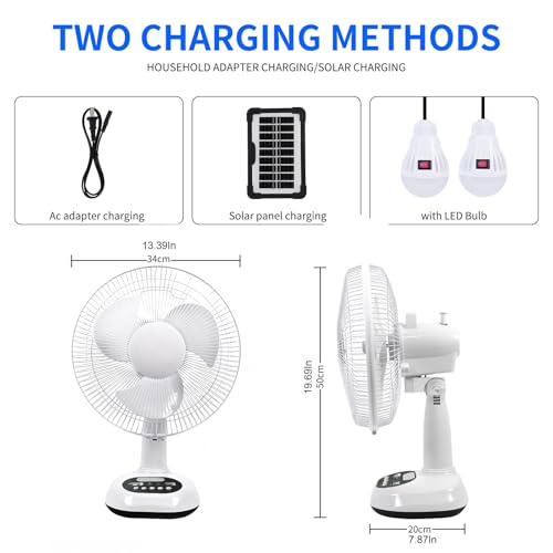 14400mAh Rechargeable Solar Powered Fan, AC DC Portable Camping PowerBank Fan ,12 Inch Oscillating Tabletop Fan with Led Night Light for Home Office Outdoor Camping Tent Traving