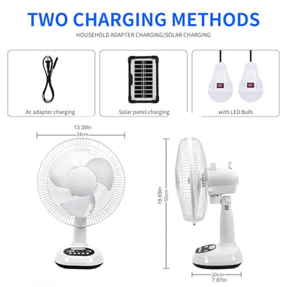 14400mAh Rechargeable Solar Powered Fan, AC DC Portable Camping PowerBank Fan ,12 Inch Oscillating Tabletop Fan with Led Night Light for Home Office Outdoor Camping Tent Traving