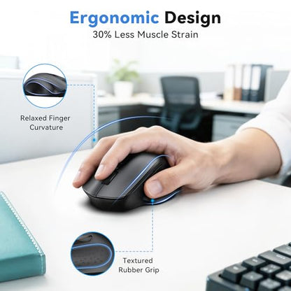 TECKNET Wireless Mouse for Laptop, Dual-Mode Bluetooth Wireless Mouse | (BT5.2/3.0 & 2.4G) Connection, Ergonomic Design, 5-Level DPI, Silent Click, Compatible with Laptop/PC/Windows/Chromebook - color: Dark Grey