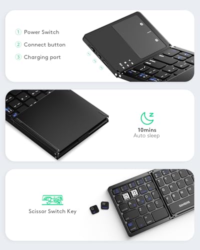 Samsers Foldable Bluetooth Keyboard with Touchpad, Ultra Slim Compact,Black | Multi-touch Trackpad, Full Size, Phone Holder, USB-C Charging, 3 Device, for Android Windows iOS Mac OS, Mobile Productivity - color: Black, size: 3-Device