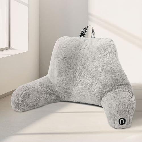 Nestl Fur Reading Pillow, Stylish Back Pillow for Bed Sitting Up, Faux Fur Bed Chair Pillow with Arms, Reading Pillows for Sitting in Bed Adult & Kids, Back Support Pillow for Bed Rest - Light Grey - color: Light Grey, size: Reading Pillow