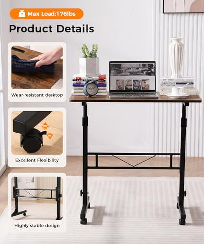 Standing Desk Adjustable Height, Mobile Stand Up Desks with Wheels Small Computer Desks Rolling Desk, Portable Laptop Desks Rustic Standing Table Sit Stand Home Office Desks 16"x31.5" Height 27"-43.5" - color: Rustic