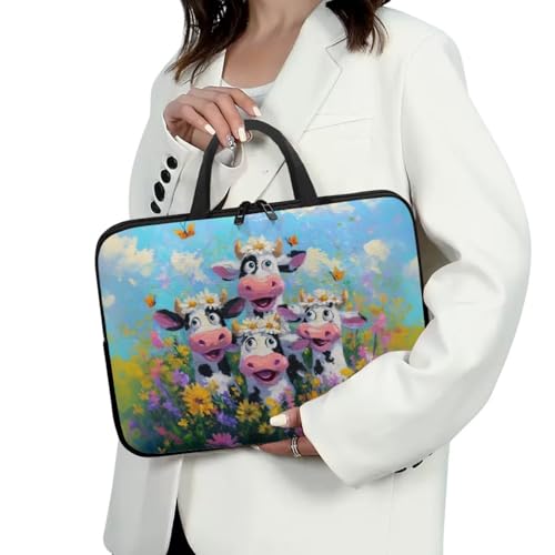 Laptop Case with Handle Laptop Sleeve Traveling Computer Bag Compatible with 10-17 inch Notebook Daisy Flower Cow Oil Painting Print Carrying Bag Briefcase, 17inch - color: Daisy Flower Cow Oil Painting, size: 17inch